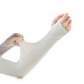 A pair of grey sun protection arm sleeves with an open-finger design on a neutral background.