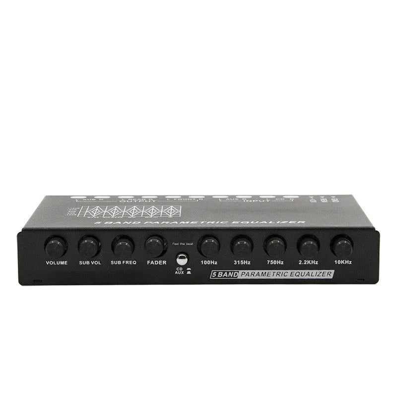 Car audio EQ tuning frequency division amplifier with control knobs for seven-band frequency adjustment and volume controls