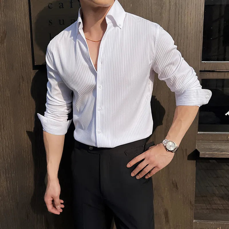 Men's dark stripes V-neck long sleeve shirt in chemical fibre blend, available in black, white, brown, green, sizes M to 4XL