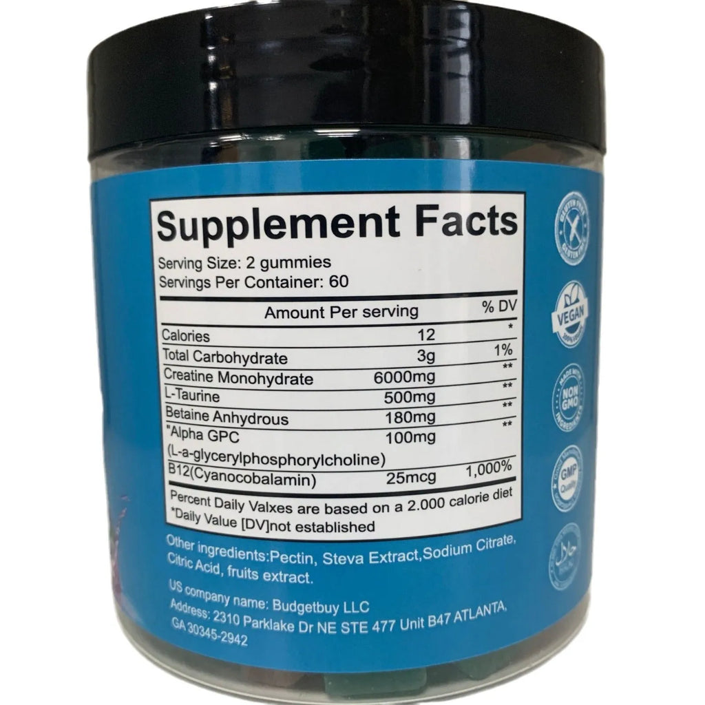 Bottle of raspberry-flavoured creatine monohydrate gummy supplements containing 120 soft candy tablets