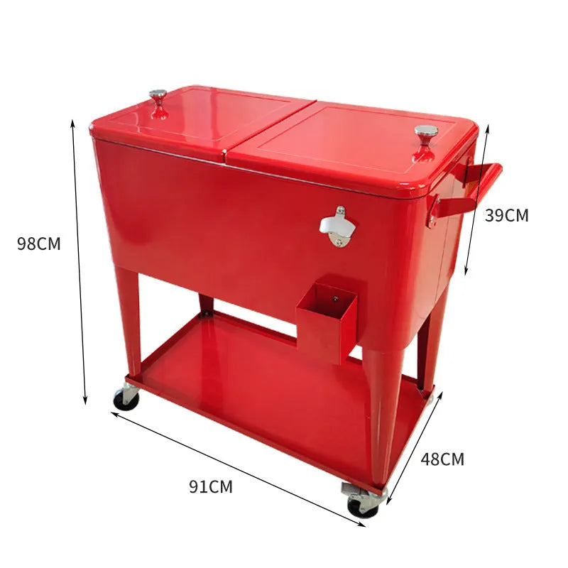 Red outdoor metal insulated trolley cart with 750ml capacity for picnics.