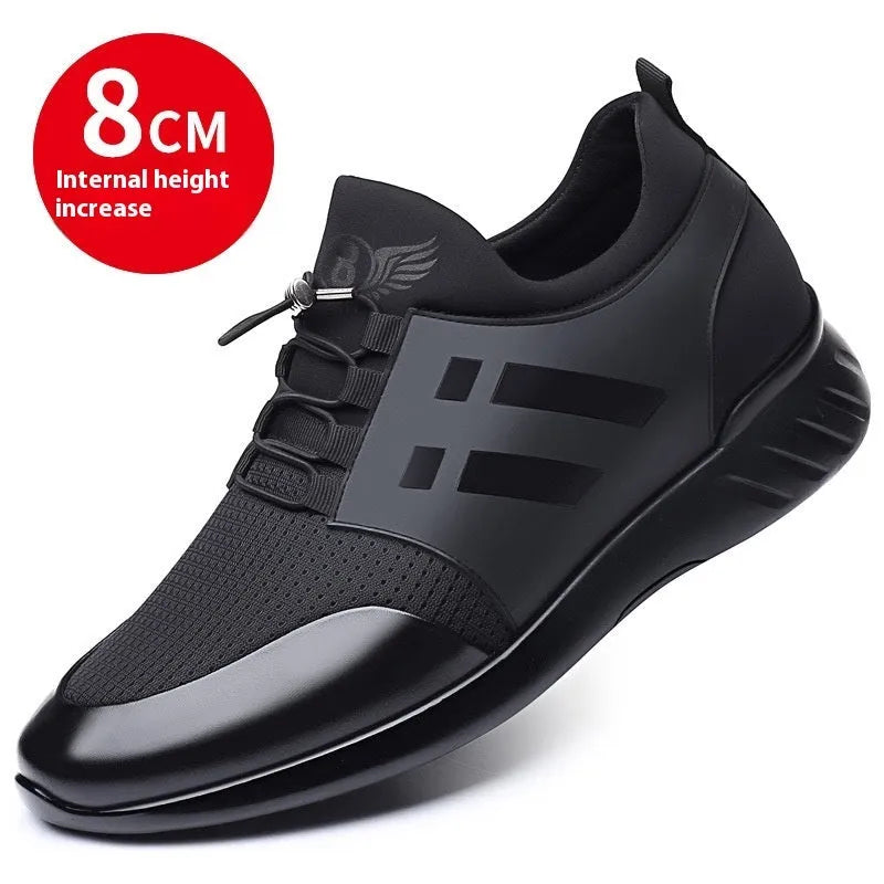 Men's black height increasing shoes with genuine leather or mesh upper, round toe, and chunky heel in sizes 37-48