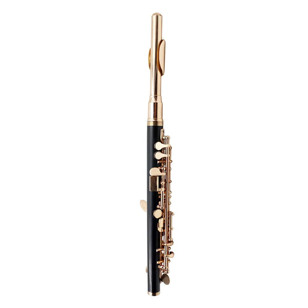C key piccolo with bakelite tube body and silver plated finish, 31cm, shown with cloth box and cleaning accessories