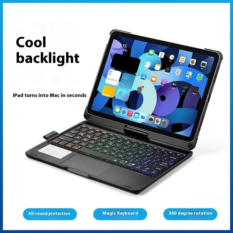 Miaocontrol Bluetooth keyboard rotating 360 degrees with Apple iPad tablet attached