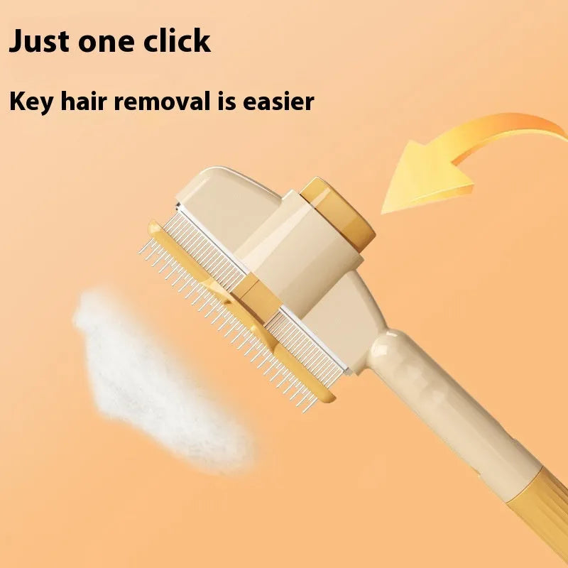 Green and yellow pet comb with stainless steel teeth and a self-cleaning release button.