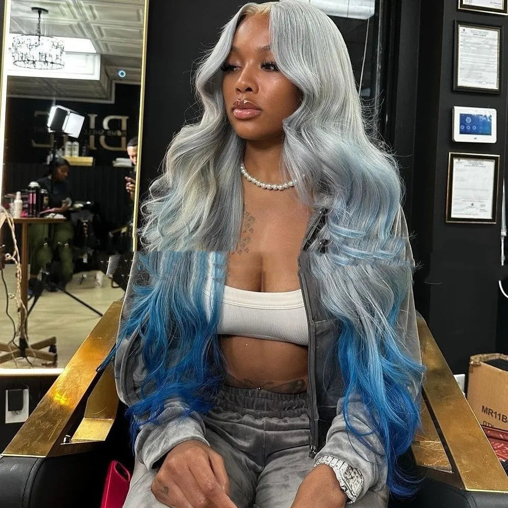 Grey-blue gradient human hair wig with 4x4 lace front showing natural hairline and length options