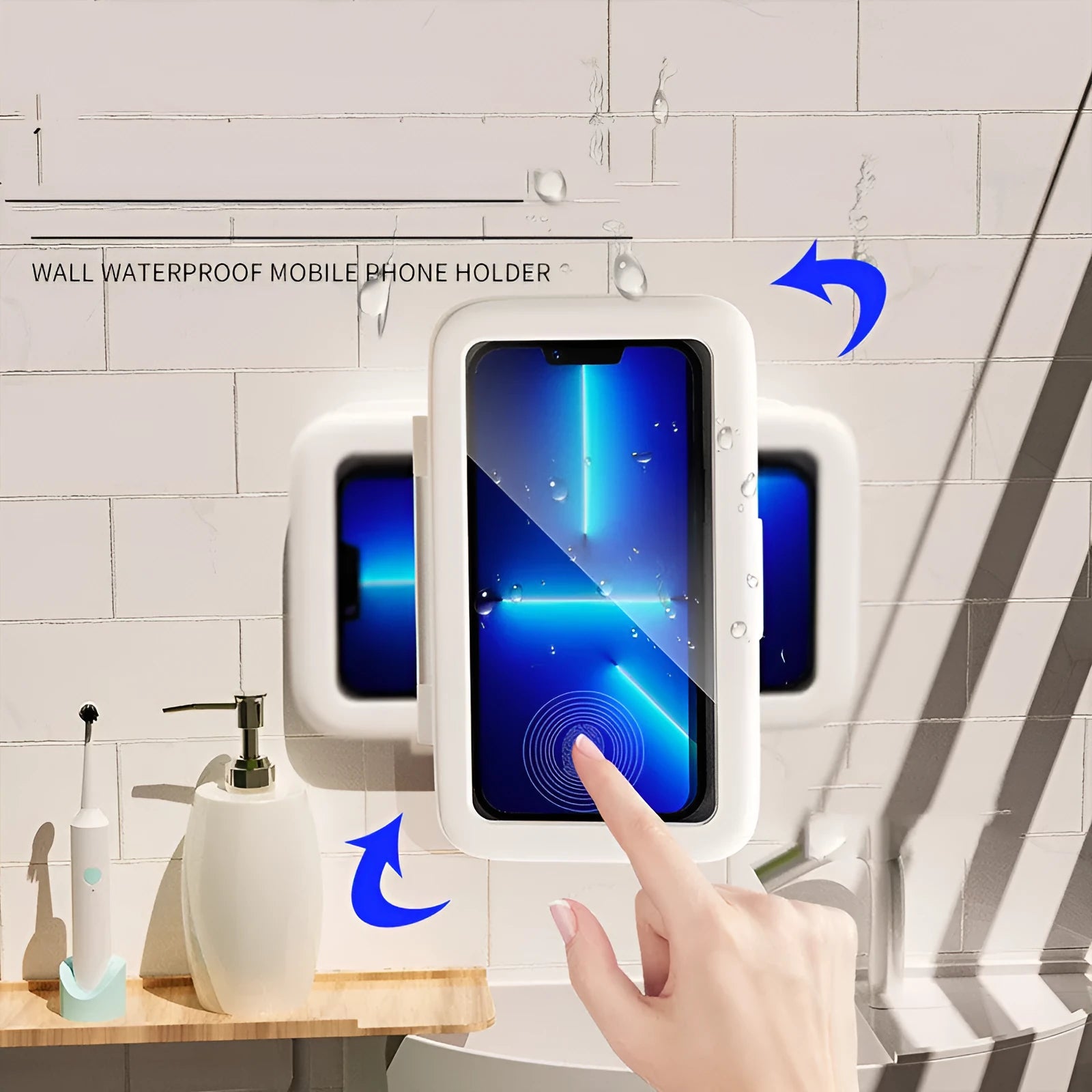 White waterproof bathroom phone holder mounted on tile with phone visible through anti-fog window
