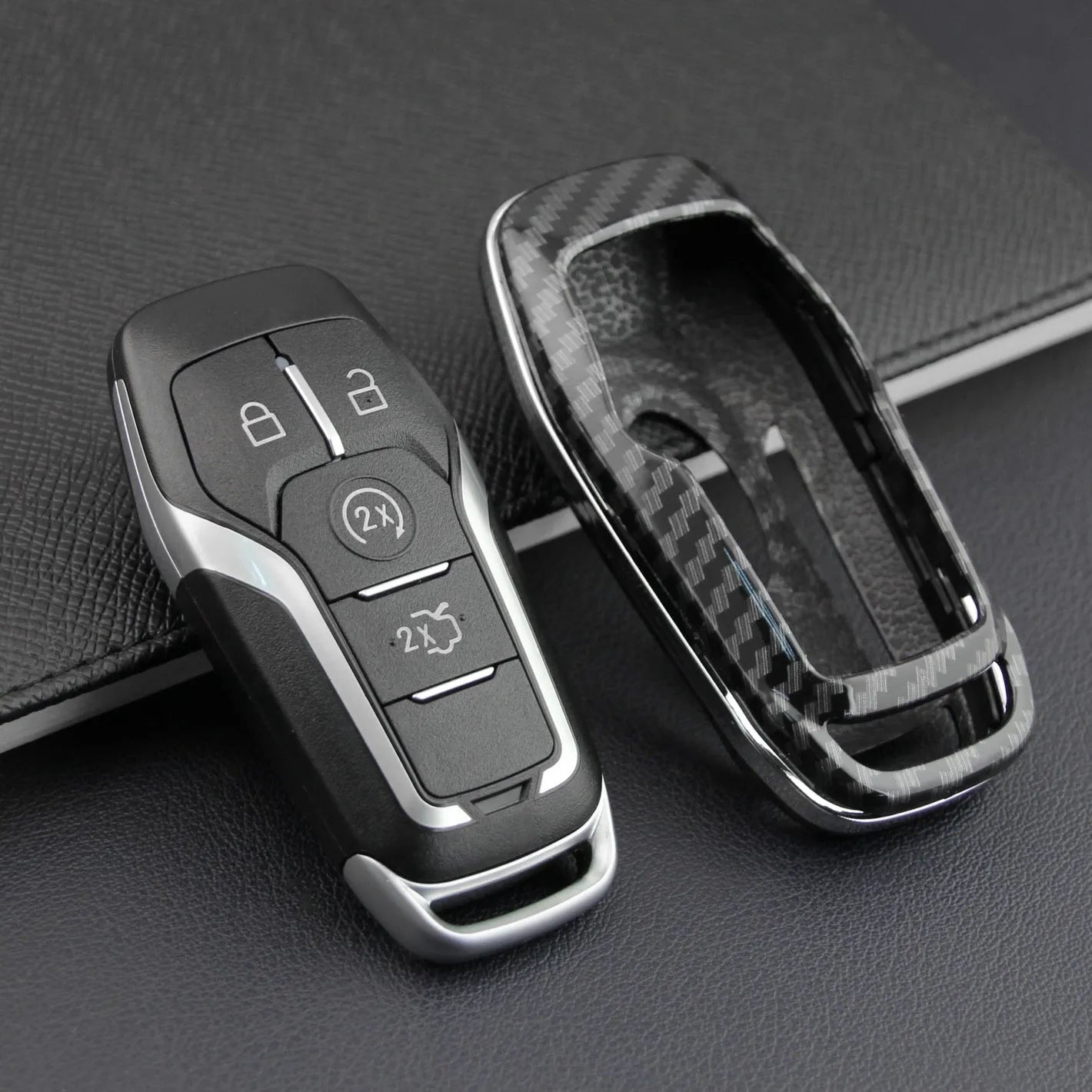 Remote control protective shell for car keys in plastic, showing single shell and buckle variants
