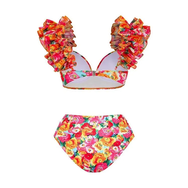 Floral patterned high waist bikini swimsuit with push up top on a mannequin.