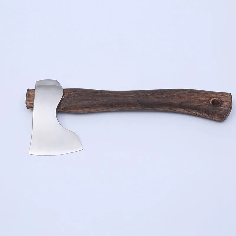 Camping axe with wooden handle and high carbon steel head, measuring 250mm in length with 0.39kg total weight