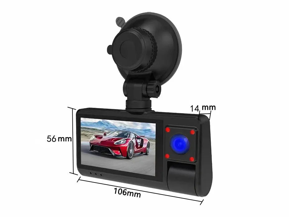 Black G50 dashboard camera with 3-inch screen mounted on car windshield showing wide road view