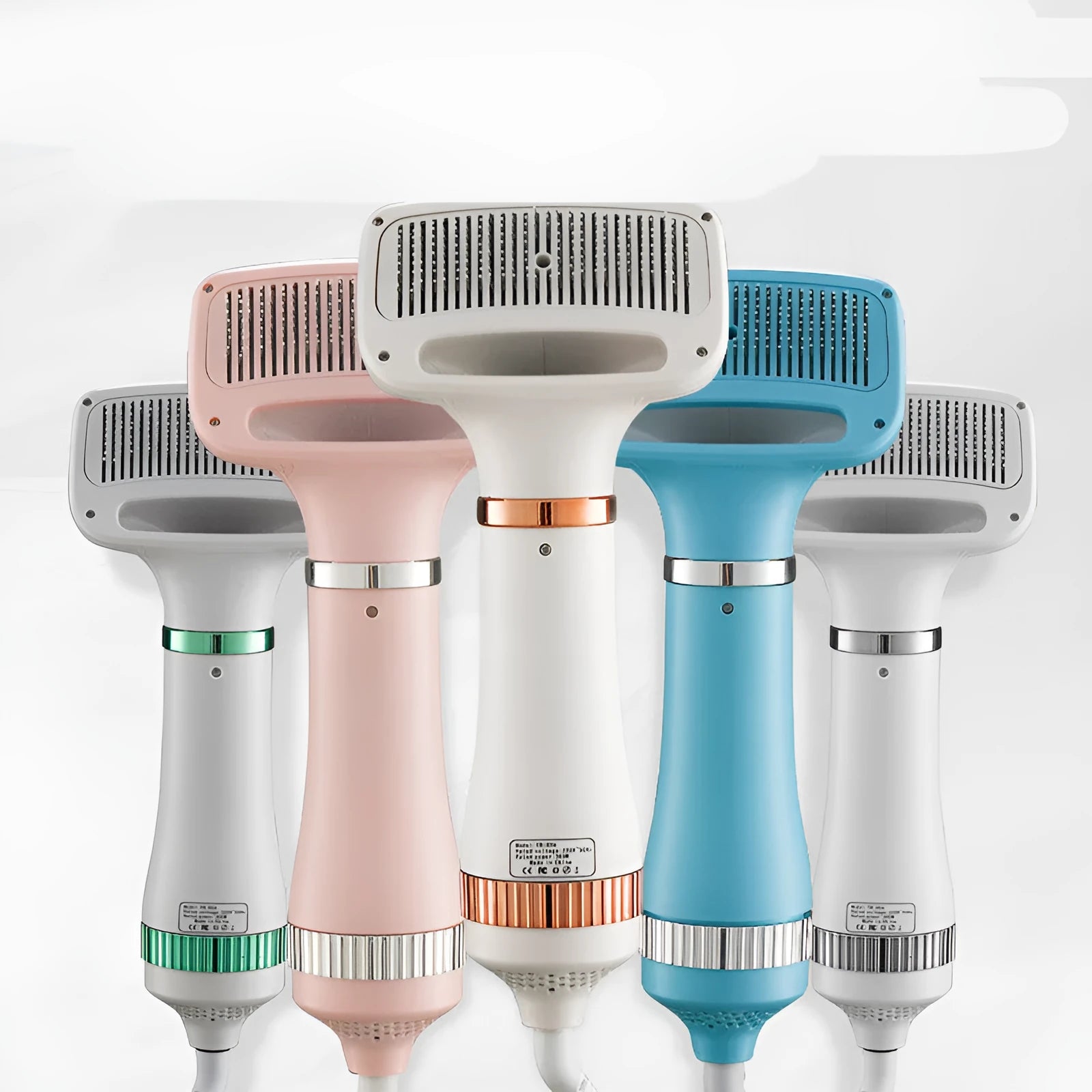 Colour options of a handheld pet hair dryer for dogs and cats on a table.