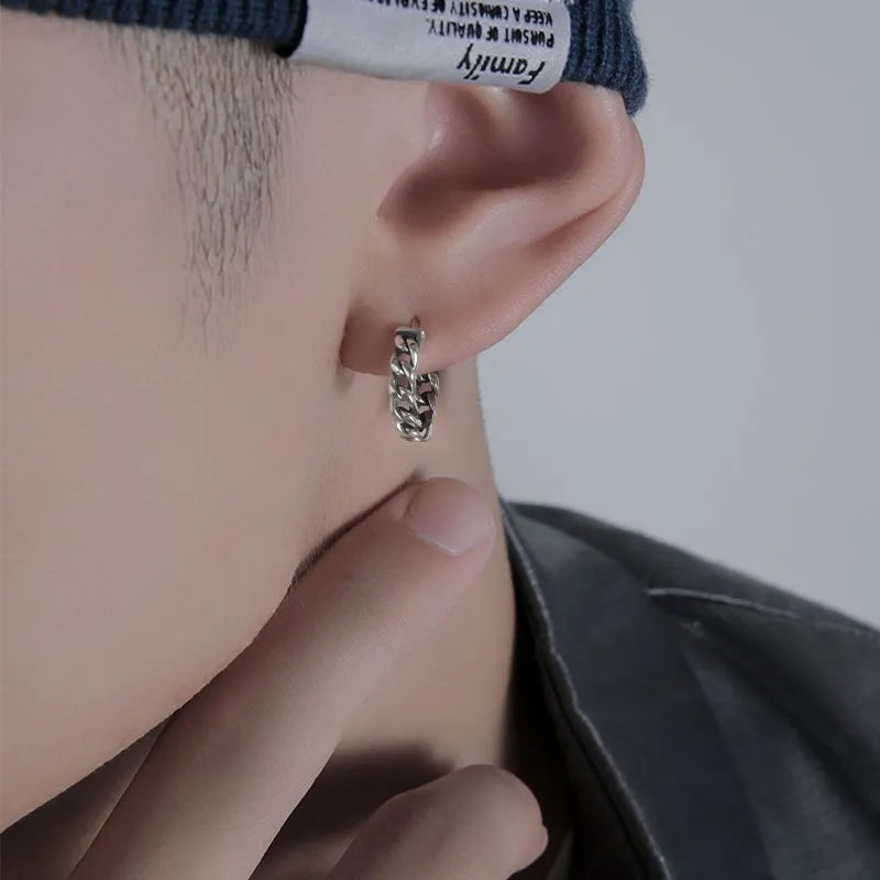 Men's simple geometric copper earrings in silver and auspicious cloud designs, shown in 10mm and 14mm sizes.