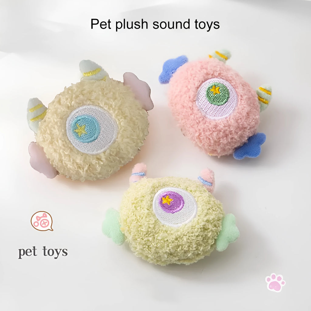 Cartoon-shaped plush dog toy with large eyes and squeaker in grey, green, pink, white or yellow