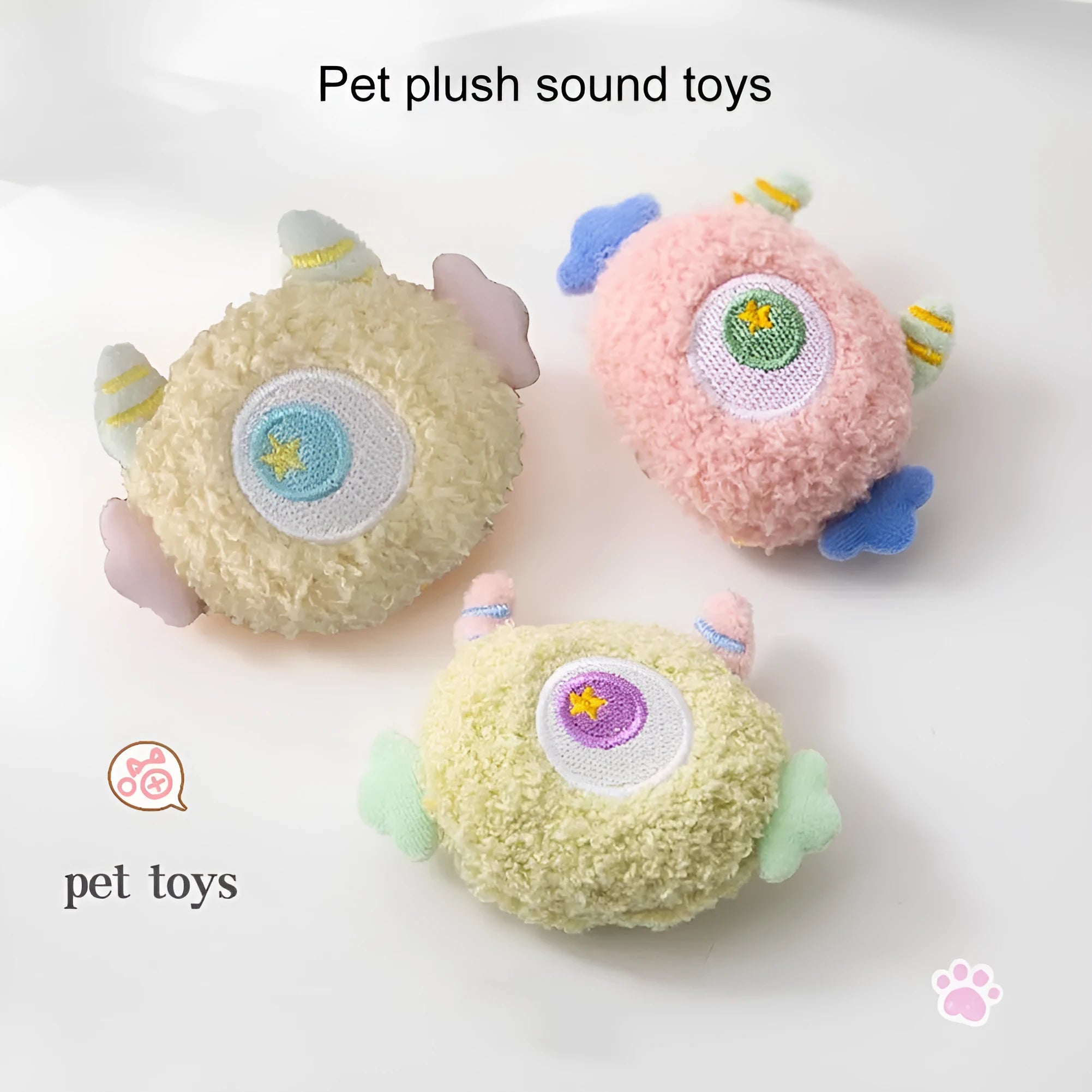 Cartoon-shaped plush dog toy with large eyes and squeaker in grey, green, pink, white or yellow