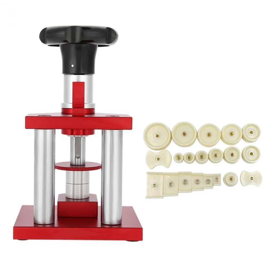 Watch repair spiral cap presser tool with 20 plastic moulds for watch back cover installation
