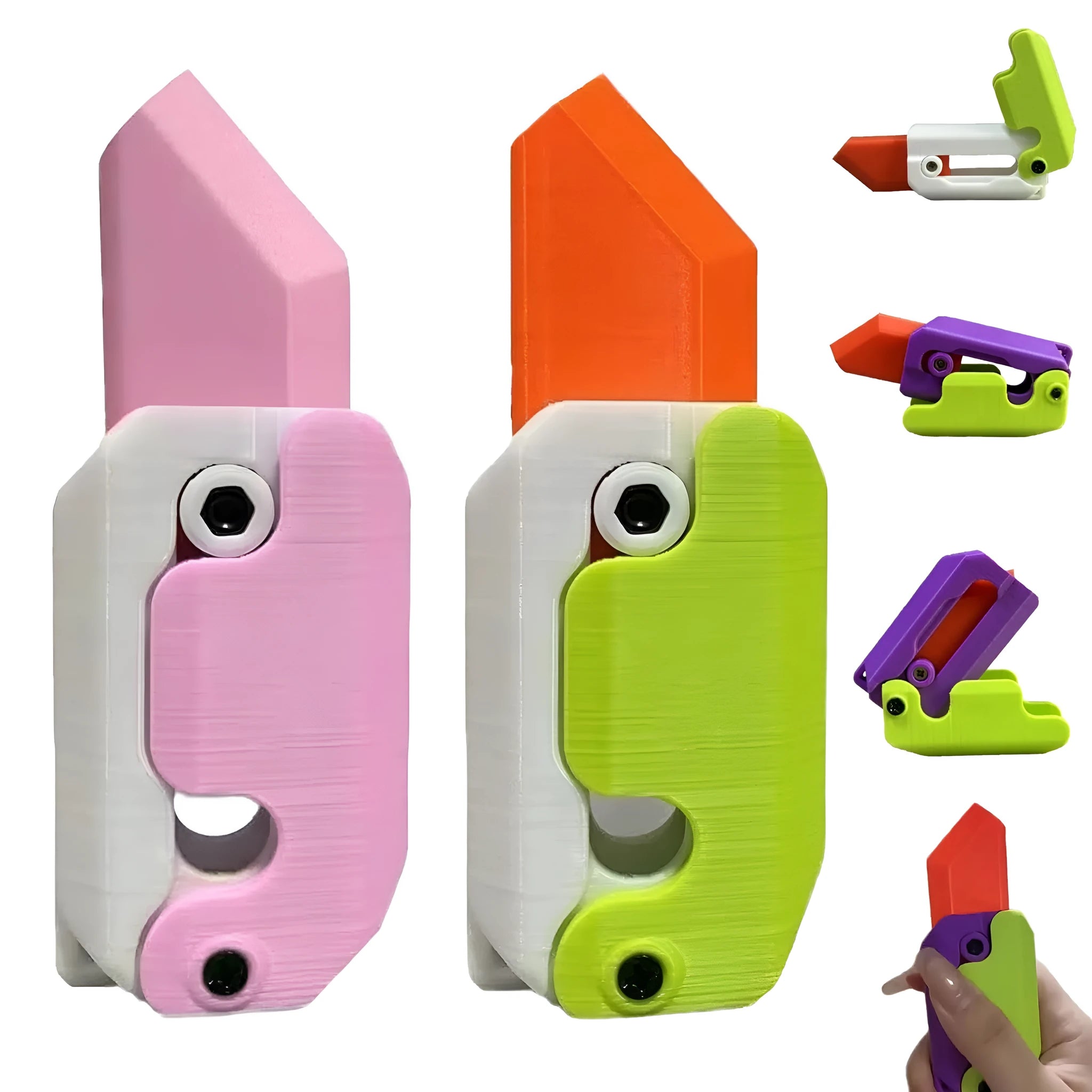 3D printed orange and green carrot-shaped gravity flick knife fidget toy on a white background.