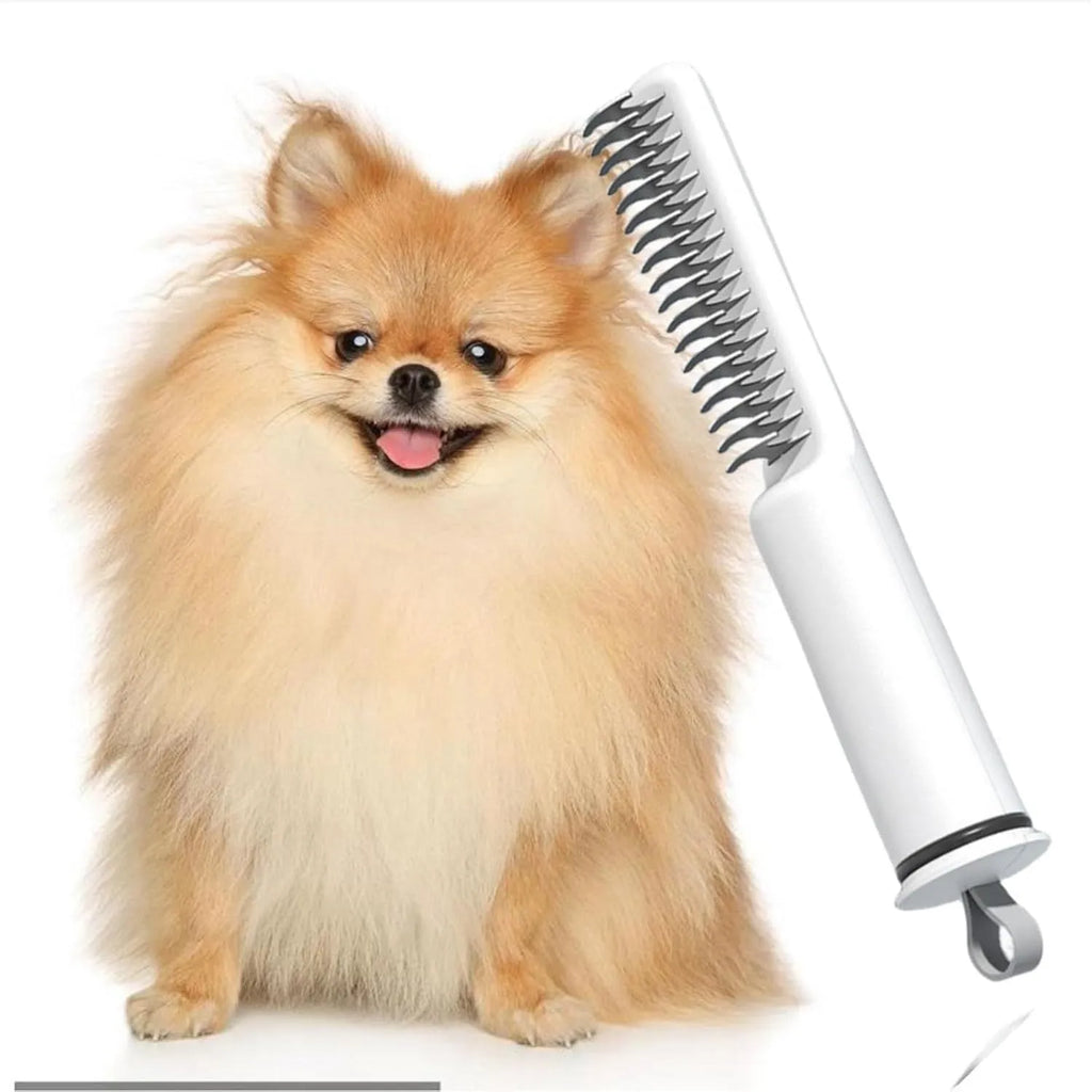 Pink and white dematting comb for dogs with stainless steel teeth and 18.8cm length