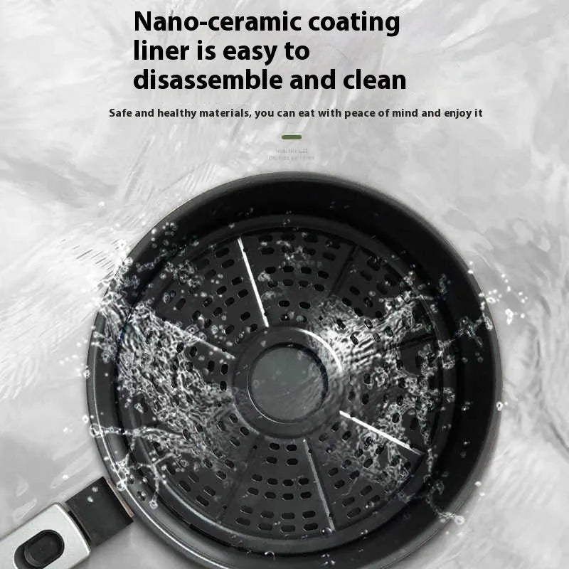 Air fryer oven with 8-litre capacity, nano-ceramic coating liner, and mechanical buttons on a kitchen counter