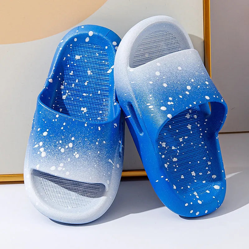 Gradient blue PVC children's summer slippers sandals on a white background.