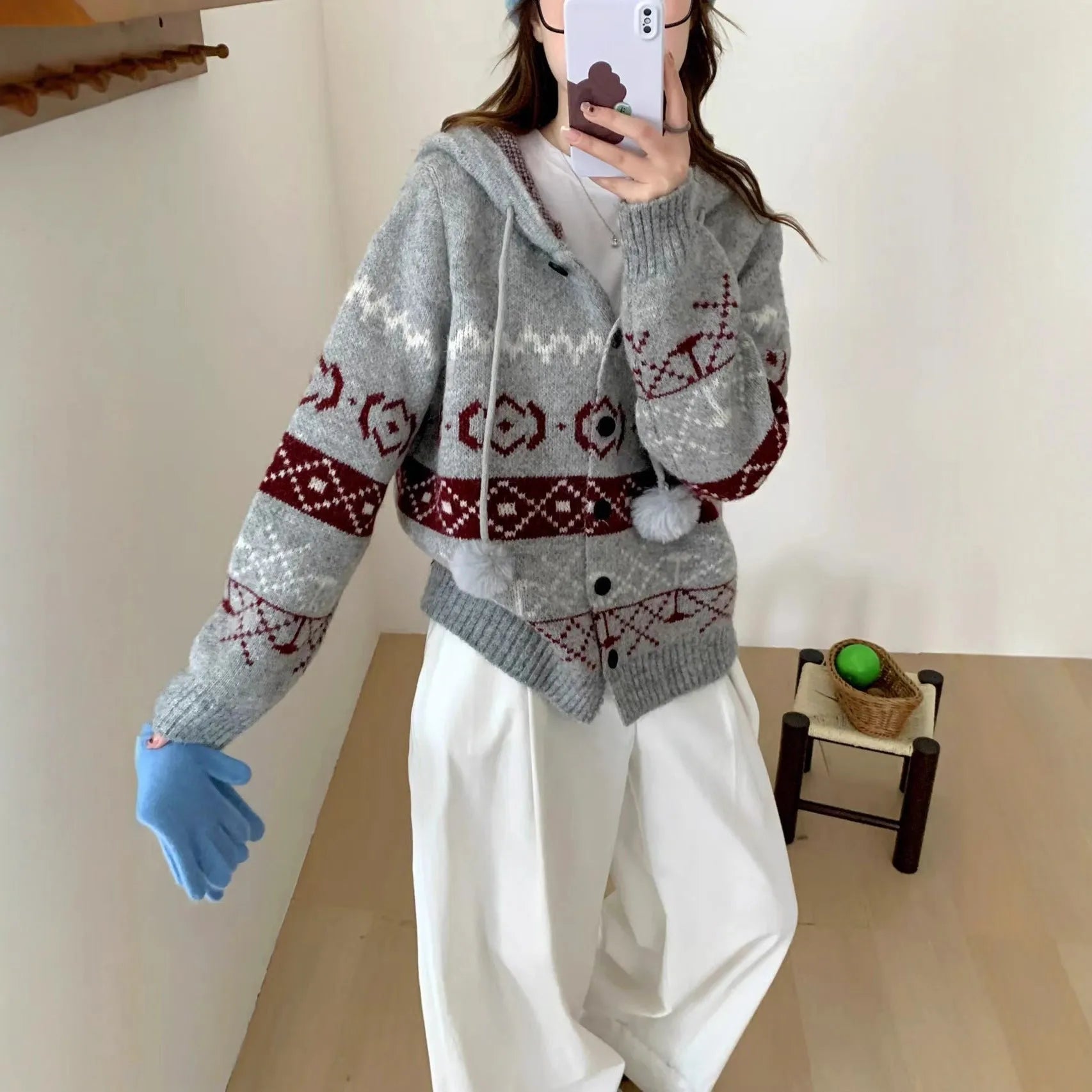 Idle Style brocade sweater coat with geometric pattern in milky white, loose fit plus size women's outerwear