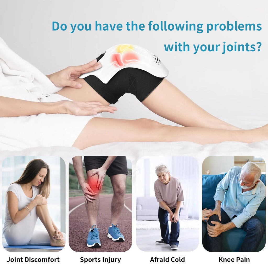 White intelligent electric knee massager with adjustable straps, showing control panel for heat and vibration settings.