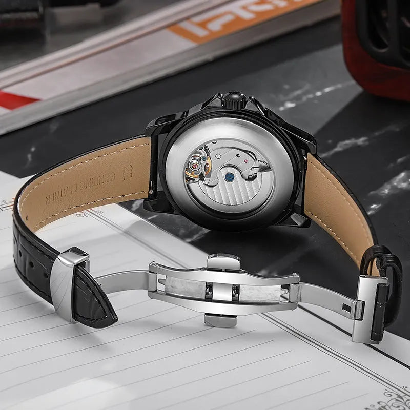 Men's business watch with luminous dial and waterproof construction showing 13mm thickness profile