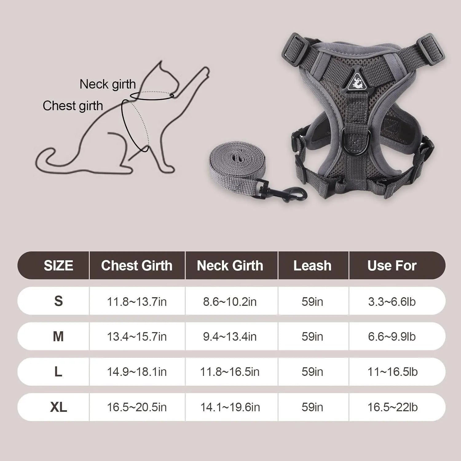 Adjustable mesh cat harness with leash showing reflective strips and secure snap fastenings