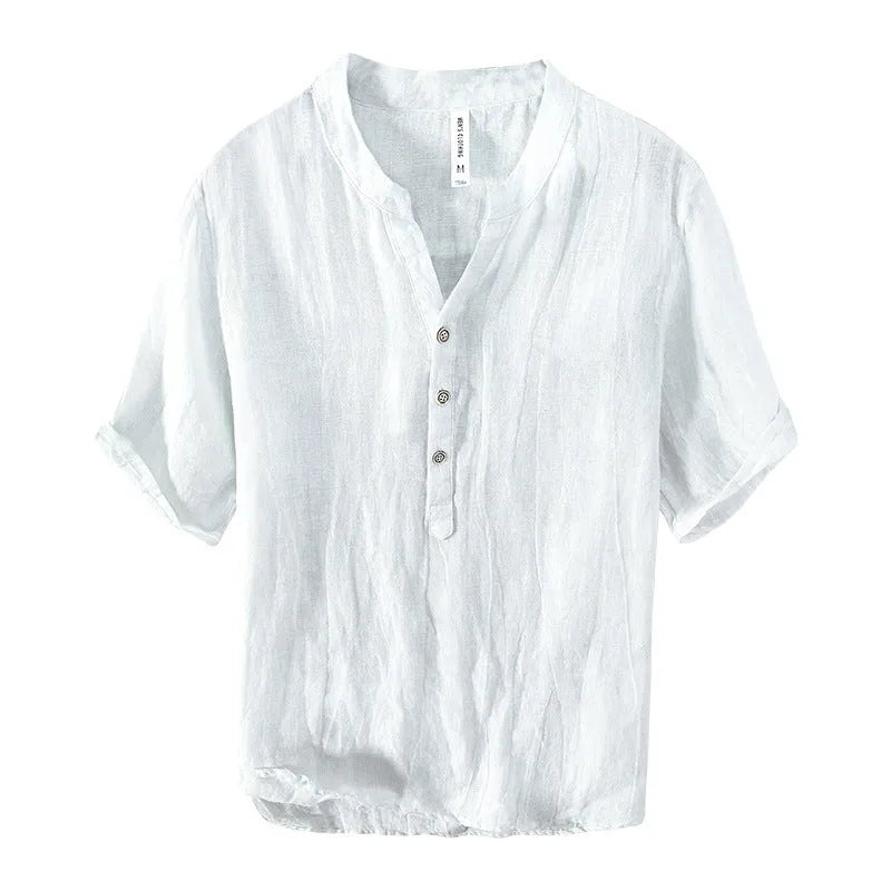 Retro-style short sleeve linen pullover top in a solid neutral colour on a hanger.