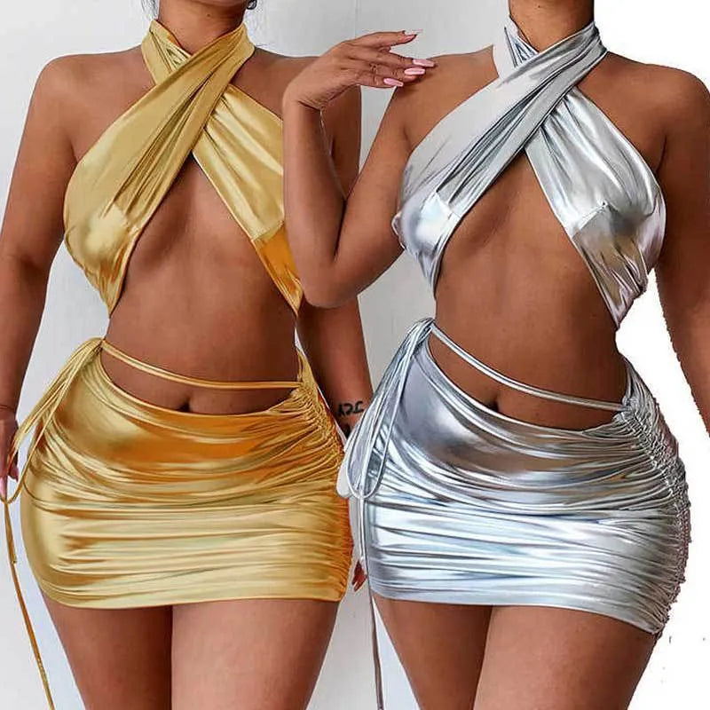 Silver halter swimsuit with cross-strap back and split design, three-piece set for female swimming