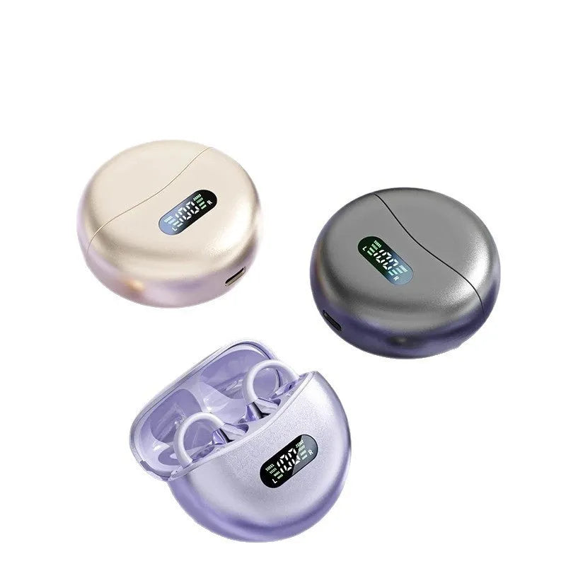 Ear clip wireless Bluetooth headphones with silicone earpieces, sporty style, shown in Aurora Purple, Chaos Black, or Elegant Skin