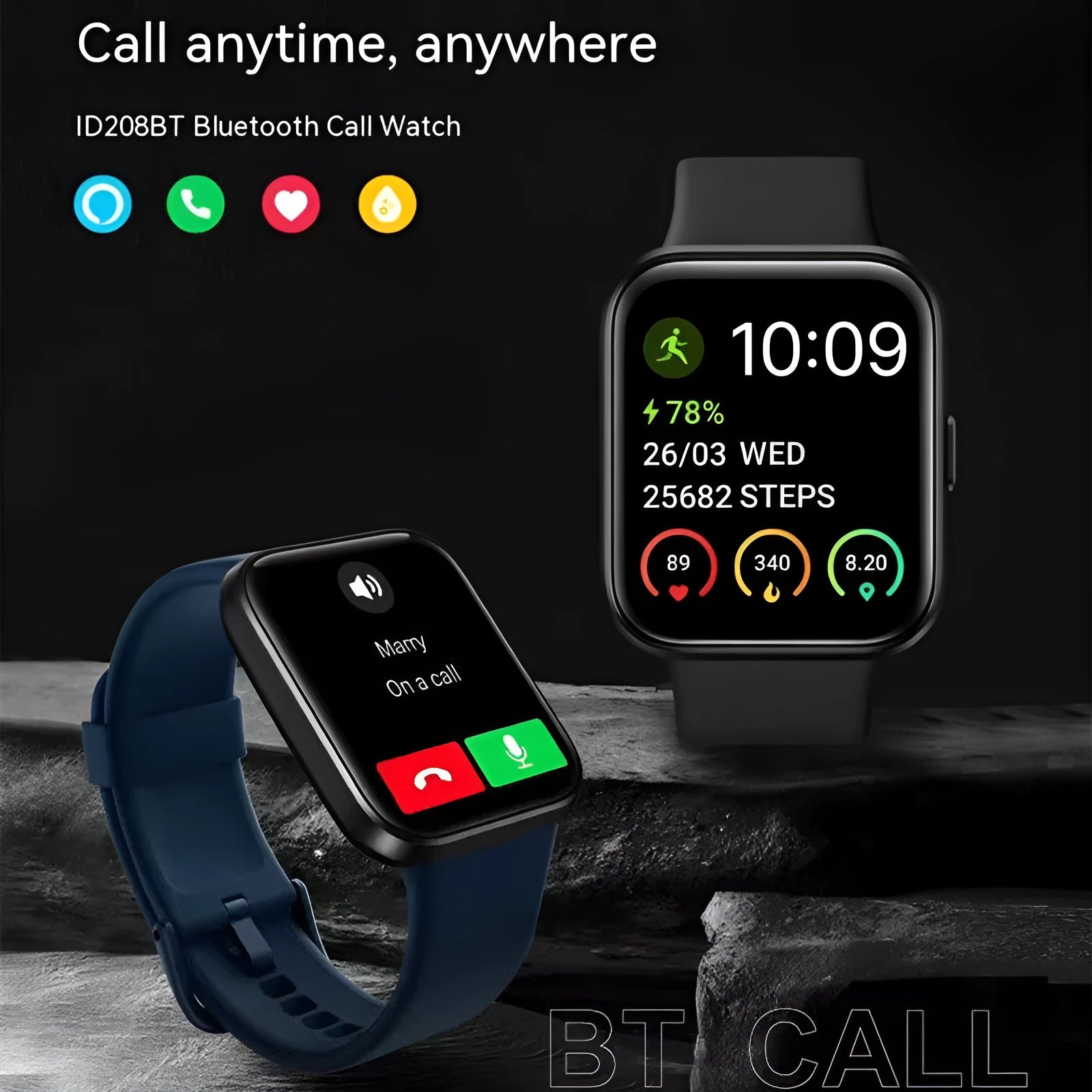 Smart watch with colour screen displaying health metrics, shown in black, blue, green, and pink colour options