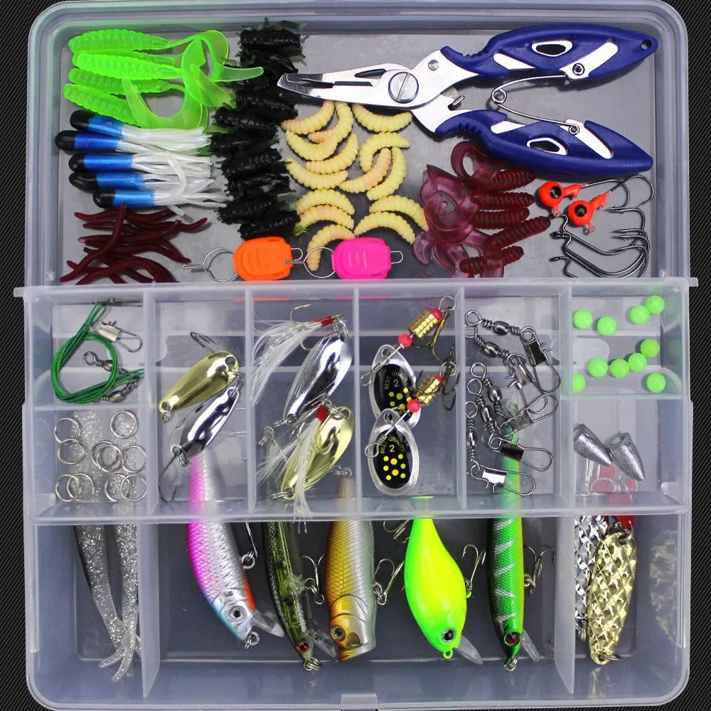 Junior fishing lure suit set with multiple baits inside a clear plastic PP storage box.