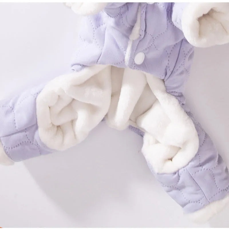 Four-legged plush dog coat with quilted outer layer, D-ring, bear ears, and patch pocket in olive green.