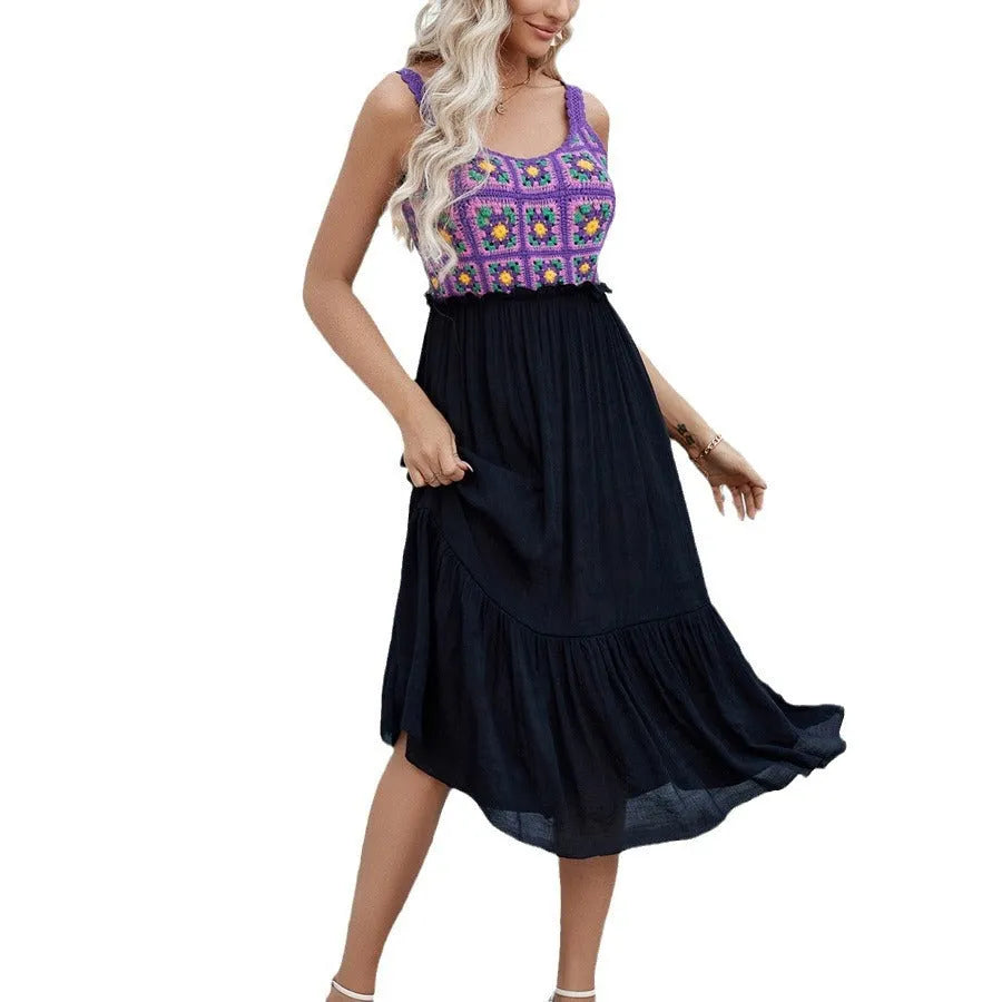 Purple sleeveless dress with hand-hooked floral stitching on cotton blend fabric, free size design