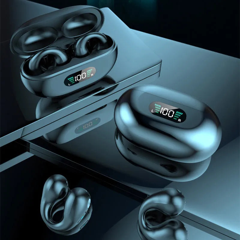 Bone conduction Bluetooth headset clip in black colour with ear clip design and charging cable