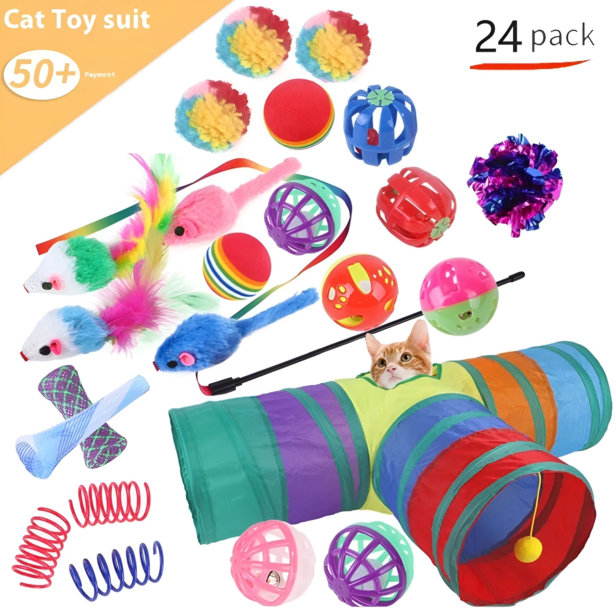Plastic cat play channel toy with assorted accessories for feline batting and chasing