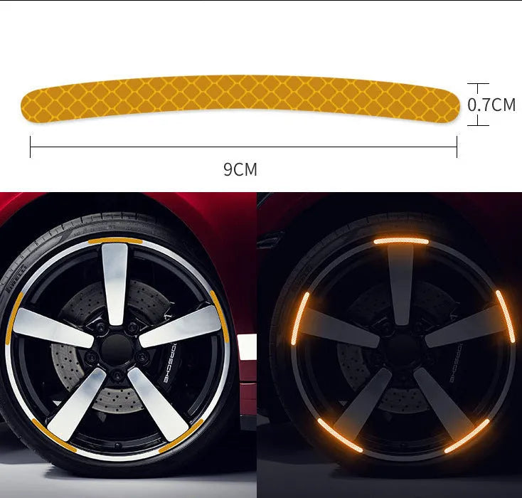 20-piece car wheel reflective stickers in arc shape with 11 colour options including fluorescent and luminous variants on wheel hub