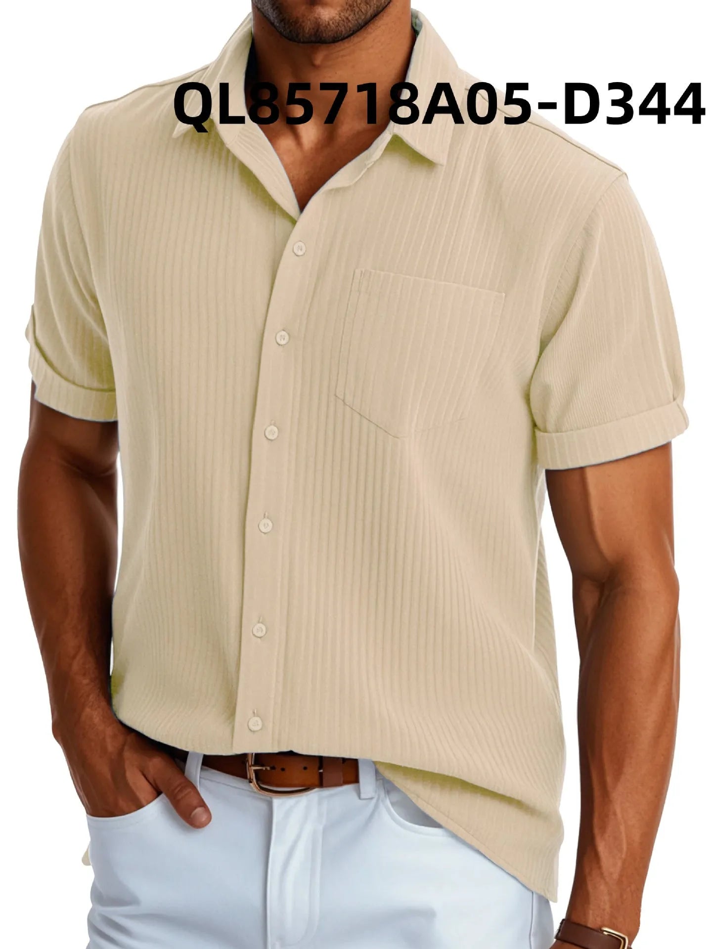 Men's loose fit black short sleeve casual shirt with a white printed lapel detail on a hanger.