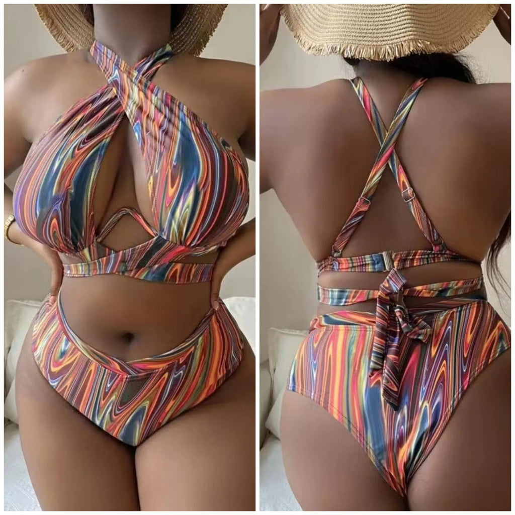 Women's floral print high waist bikini swimsuit on a hanger