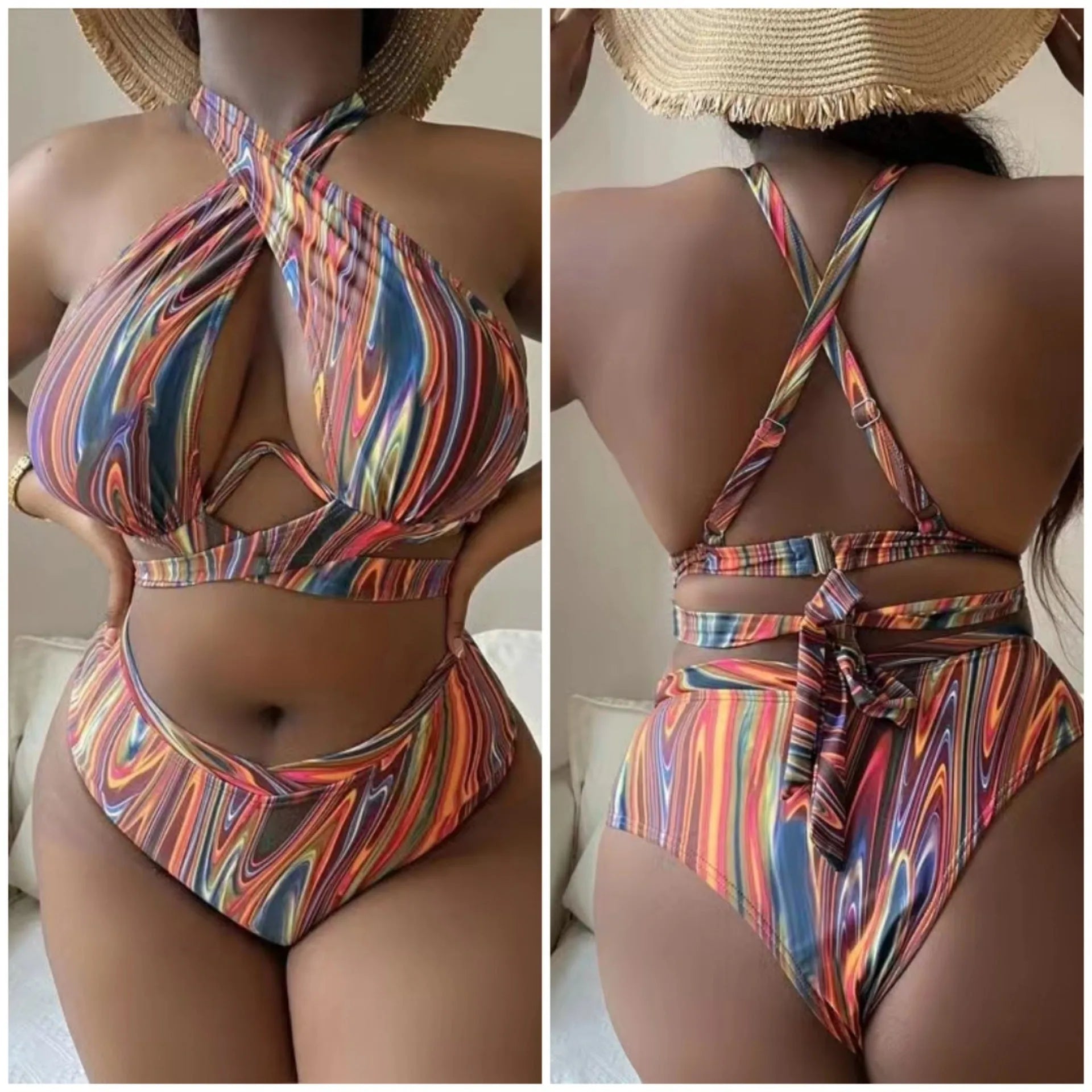 Women's floral print high waist bikini swimsuit on a hanger