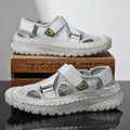 Men's casual sandals with hollow mesh surface and genuine leather upper in grey colour