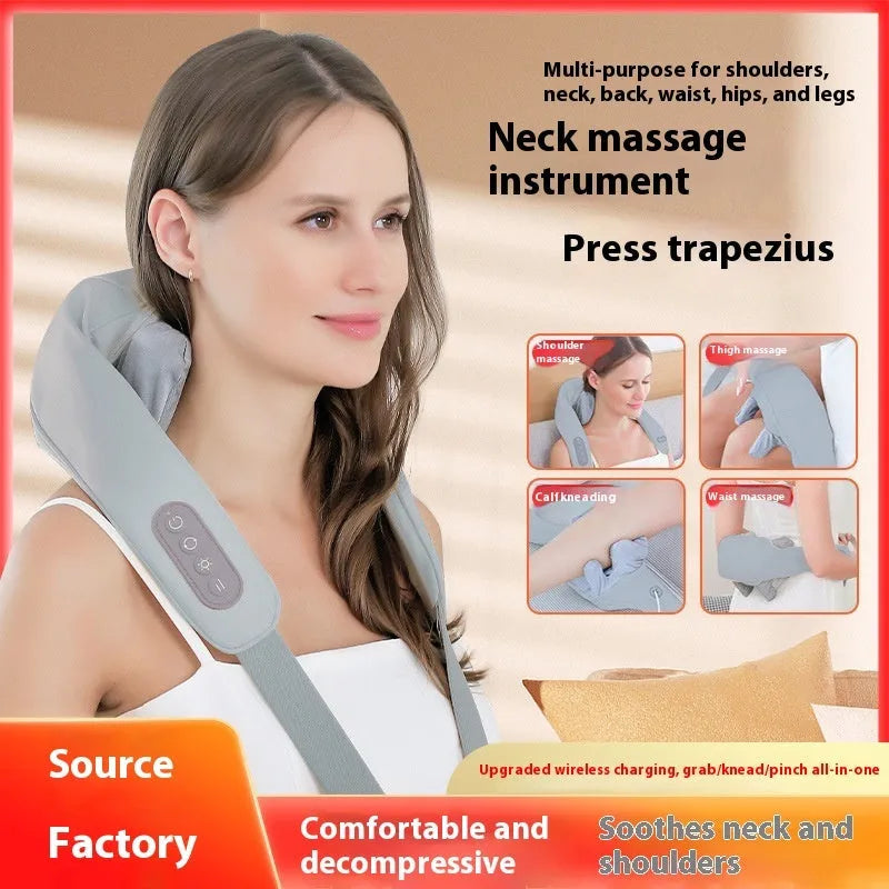 Grey elastic fabric USB neck and back massager with two gear settings and infrared function.