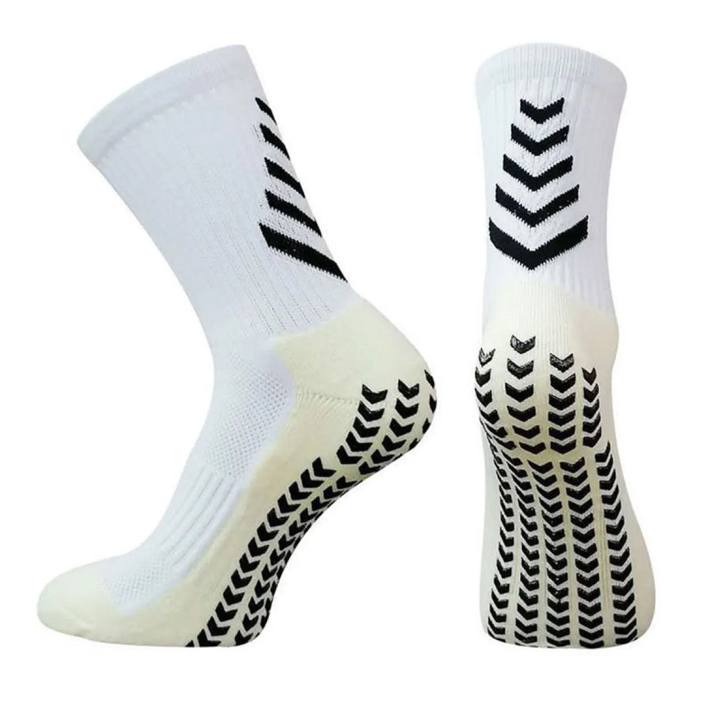 Men's mid-calf athletic socks with geometric patterns and silicone grips for football and running