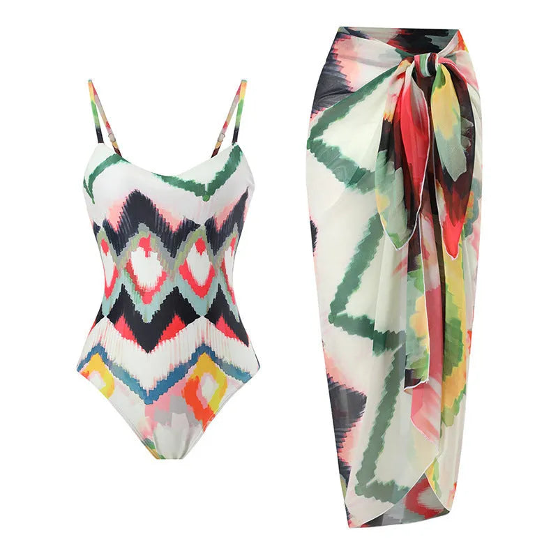Women's two-piece beach swimsuit with matching hip skirt in striped pattern
