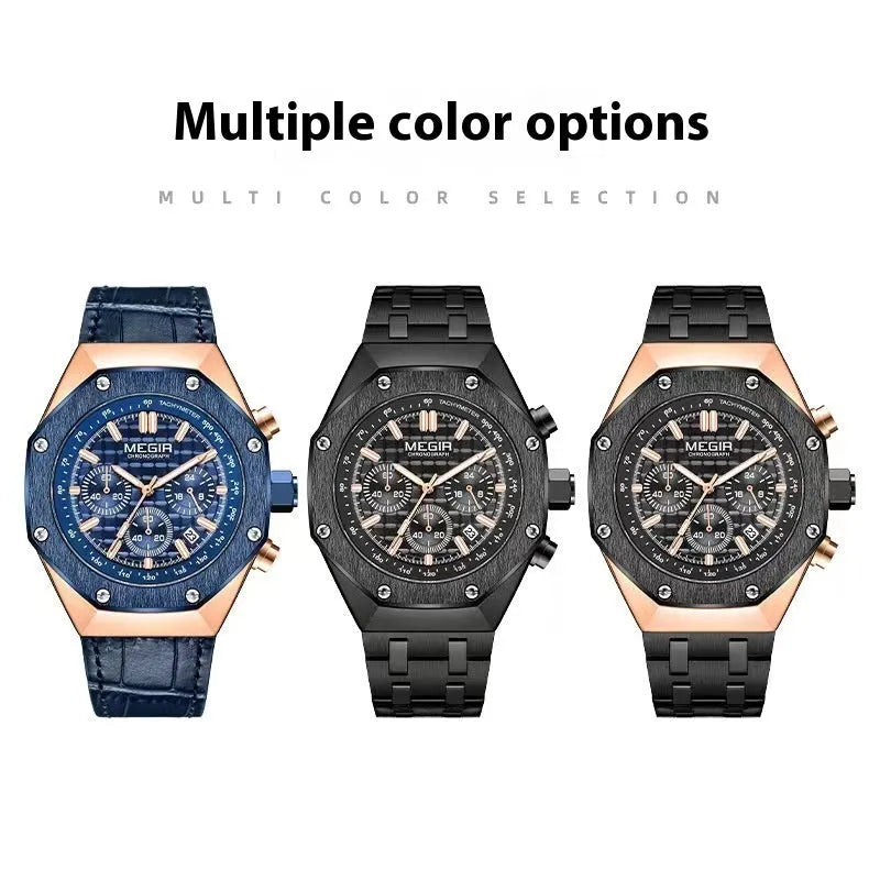 Men's multifunctional waterproof quartz chronograph watch with 13mm thickness and three strap options