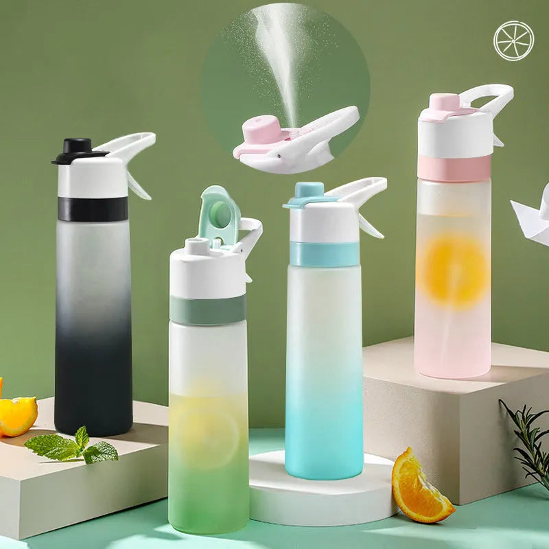 Large plastic spray water bottle with handle strap and leakproof lid in multiple colour options