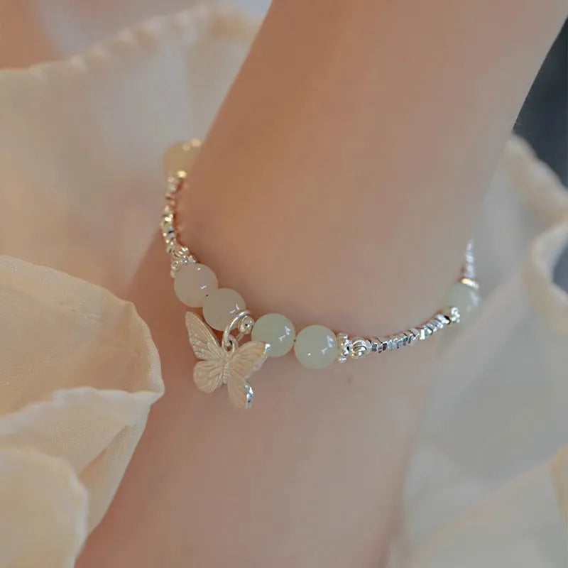 Hetian jade butterfly copper bracelet and necklace set with silver electroplating for women