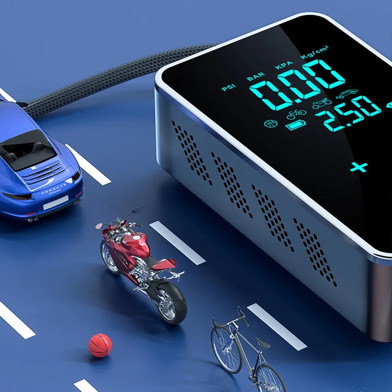 Compact black wireless car tyre inflator pump with digital LCD screen on a blue cloth bag.