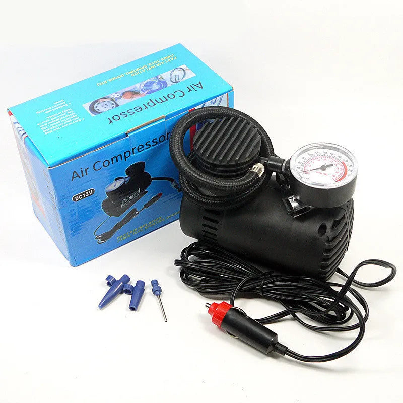 Black 12V miniature car tyre air pump measuring 13.5x12x7cm